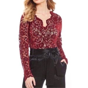GIANNI BINI Velvet Lace V-Neck Bodysuit in Burgundy!